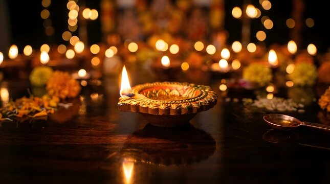 Golden candlelight wreath with flickering flames on dark wooden table for festive holiday decor.