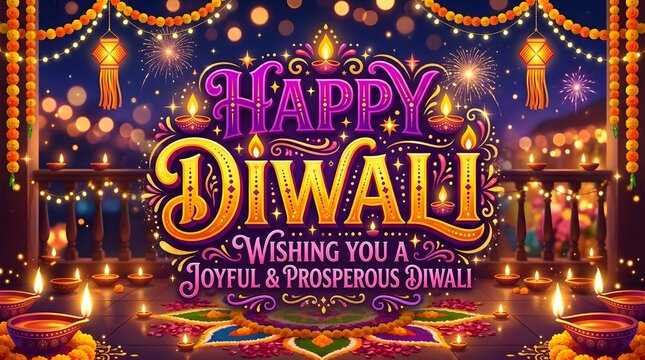 Vibrant Diwali festival celebration banner with glowing lights and festive wishes for prosperity and joy.