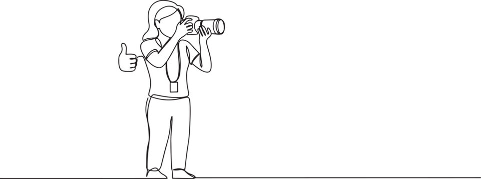 professional female photographer One continuous line drawing of photo-journalist composing her shot and having thumb up and taking pictures. one line art icon darwing vector