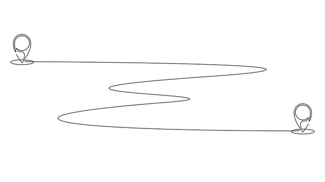animated continuous line drawing connecting two map location pin icons along a winding route, travel, navigation, journey, distance, and destination concept, line art animation