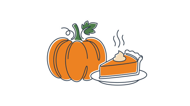 Pumpkin and pumpkin pie slice with whipped cream illustrated in a minimal outline style.