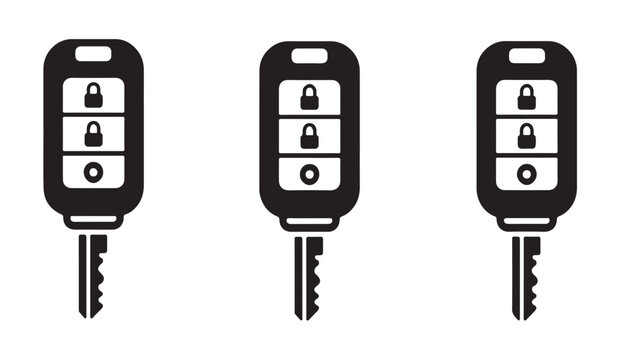 Smart car key fob silhouette vector icons with remote entry buttons for vehicle security and ignition.
