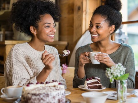Zwei Freundinnen genie&szlig;en Schwarzw&auml;lder Kirschtorte und Kaffee in einem gem&uuml;tlichen Caf&eacute;. Deutsche Kuchentradition verbindet regionale K&uuml;che, Genuss und gemeinsame Auszeit.