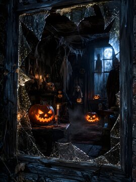 Halloween room with glowing pumpkins seen through a broken window