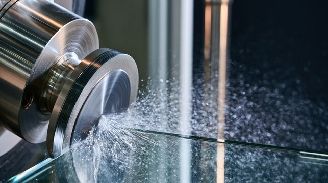 Close detail of glass edge grinding with water spray and metallic machine