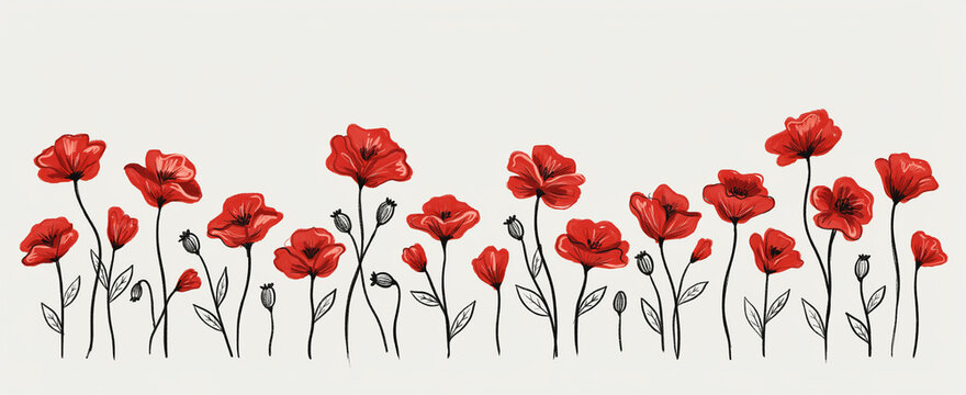 Beautiful red poppies flowers illustration arranged in a row design