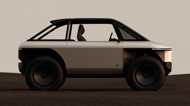 Modern minimalist all-electric off-road SUV with boxy design shown in side profile on dry ground representing future automotive design and sustainable mobility