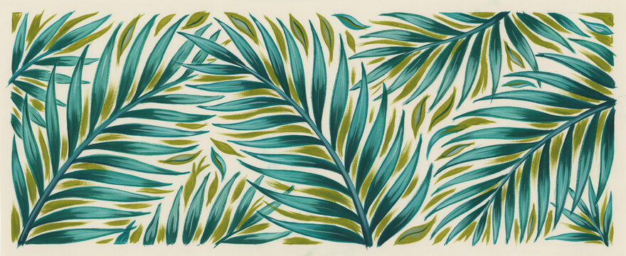 Beautiful Tropical Palm Fronds Artwork Design Pattern With Green And Gold Colors