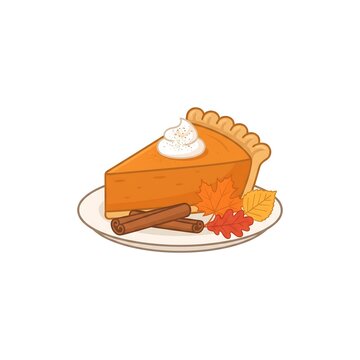 A single slice of delicious orange pumpkin pie served on a plate with fresh whipped cream and cinnamon sticks for a cozy autumn holiday dessert