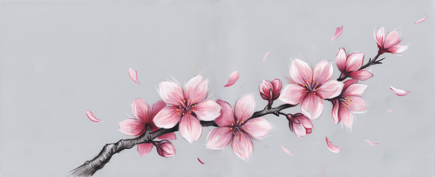 Beautiful watercolor style pink cherry blossom branch with delicate petals