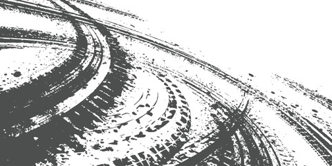 Abstract motorsport drift tire tracks and curved skid marks with grunge texture vector illustration. © Design House