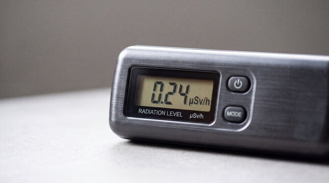 Кadiation detector dosimeter showing 0.24 &micro;sv/h reading on a portable geiger counter display