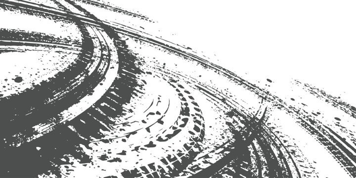 Abstract motorsport drift tire tracks and curved skid marks with grunge texture vector illustration.