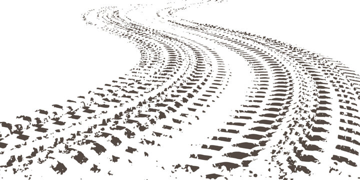 Winding double tire tracks path with distressed dirty rubber tread marks vector illustration.