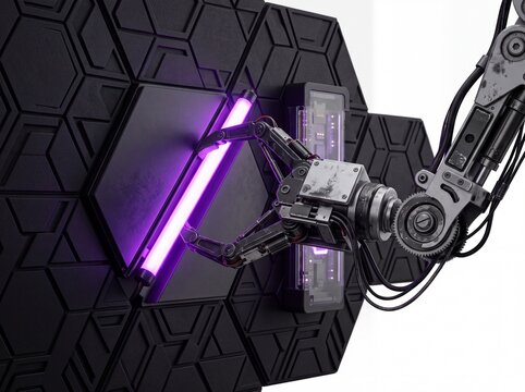 Robotic claw holding glowing purple neon tube against black wall