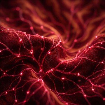 Abstract red neural network with glowing nodes on dark textured background. Macro view of neurons and synapses connections. Science, biology and medical technology concept for neuroscience research