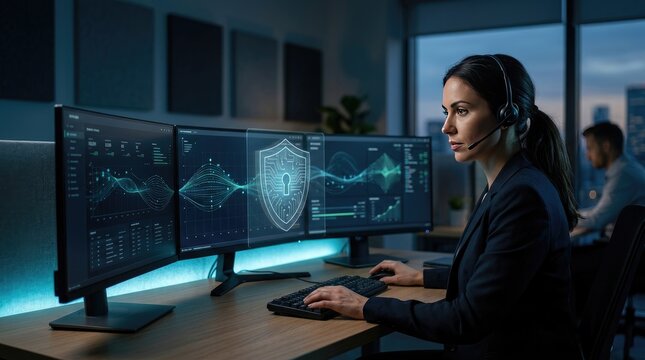 Professional cybersecurity analyst monitoring network security and data traffic on multiple computer screens with a digital shield icon in a modern hightech office