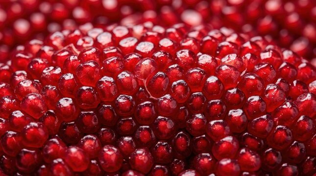 Closeup of ripe juicy pomegranate seeds filling whole frame. Red fruit texture background with fresh glossy berries. Healthy food, nutrition and vitamin concept for juice packaging and diet design.