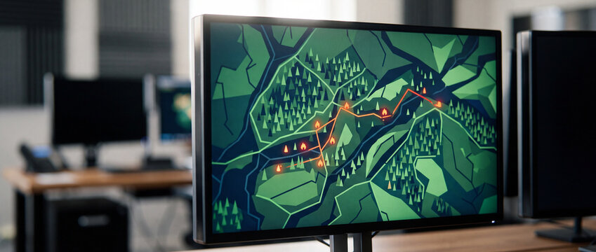 Computer monitor displaying stylized forest map with route tracking and fire hotspot indicators in office
