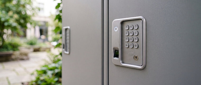 Electronic keypad lock with fingerprint scanner on outdoor locker door for secure keyless access