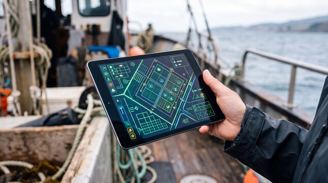 Fisherman using tablet navigation system on workboat deck for modern marine operations
