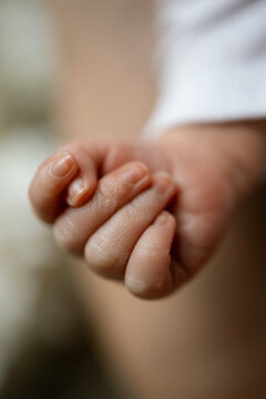 A close-up of a small hand curled gently, showing soft skin and tiny fingernails in natural light. Tiny hand gently curled in soft focus, capturing innocence and quiet wonder in a tender moment