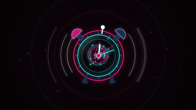 Neon Digital Alarm Clock Animation Featuring Glowing Circular HUD Interface and Pulsing Light Waves