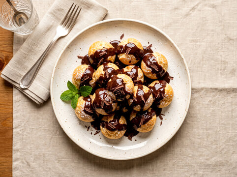 Delicious profiteroles or cream puffs covered in rich chocolate sauce and chocolate shavings