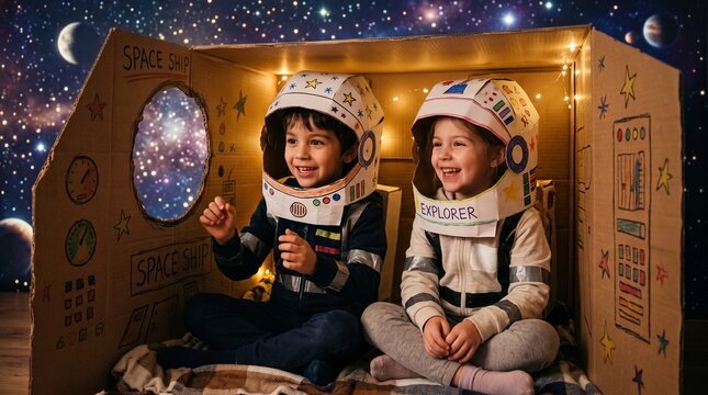 Happy children wearing astronaut helmets inside a handmade cardboard spaceship looking at stars