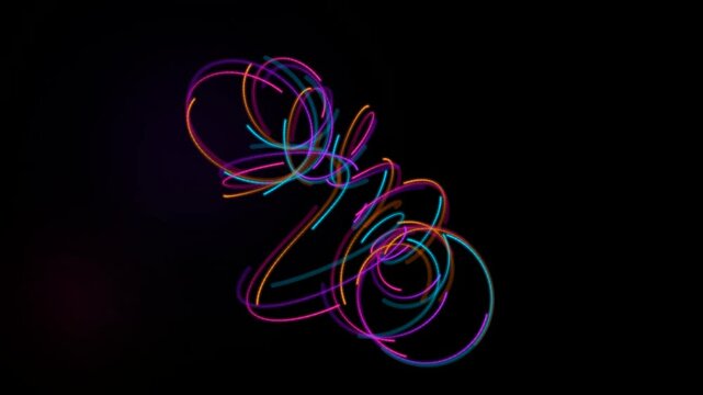 Neon Spirograph Animation with Glowing Colorful Curves Rotating on Dark Black Digital Background