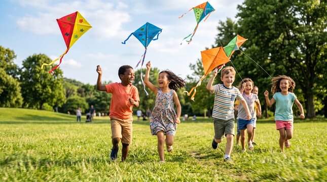 Group of happy multiethnic kids running and flying colorful kites together on a sunny day