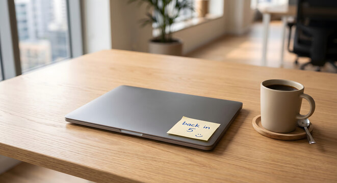 Closed Gray Laptop With Yellow Sticky Note Back in Five Beside Ceramic Coffee Cup on Wooden Coaster on Desk in Bright Sunlit Modern Office Room