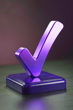 A purple check mark symbol standing on a square base