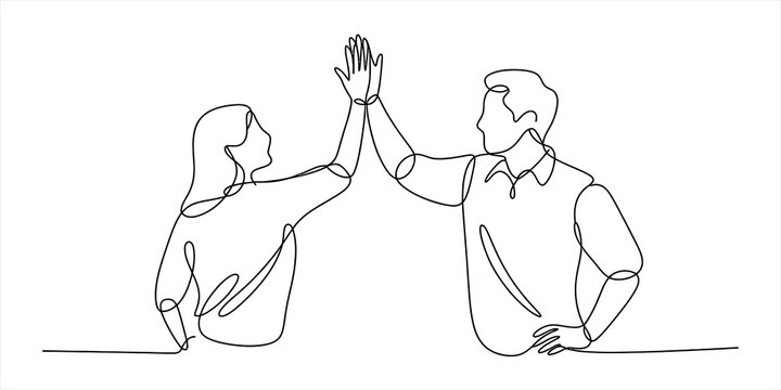 Man and woman giving a high five continuous line drawing