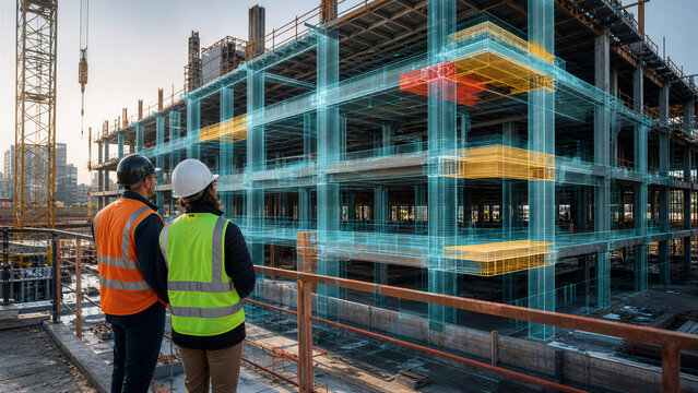 Engineers reviewing building information model on construction site