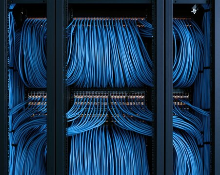 Network cabinet with routed blue cables and patch panels