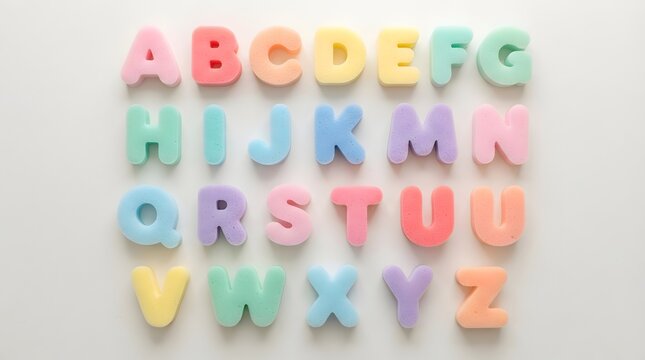Bright vibrant alphabet letters carefully organized in orderly rows against a clean white backdrop ideal for learning resources and cheerful graphic designs
