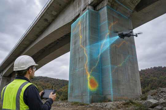 Engineer inspecting bridge structure with drone and digital analysis
