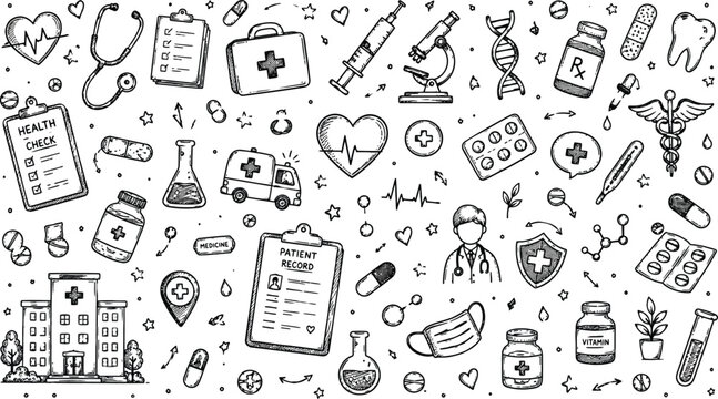 Hand drawn medical elements and healthcare symbols create a detailed vector illustration