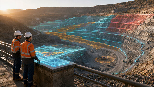 Engineers analyzing digital data overlay at open pit mine