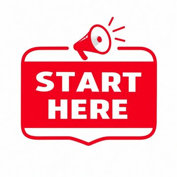 Vibrant red start here button with megaphone icon