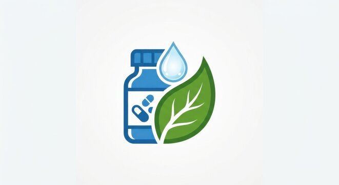 Medical logo icon featuring a blue pharmaceutical pill bottle with capsule symbols, a water droplet, and a green organic leaf, representing holistic health and natural medicine solutions.