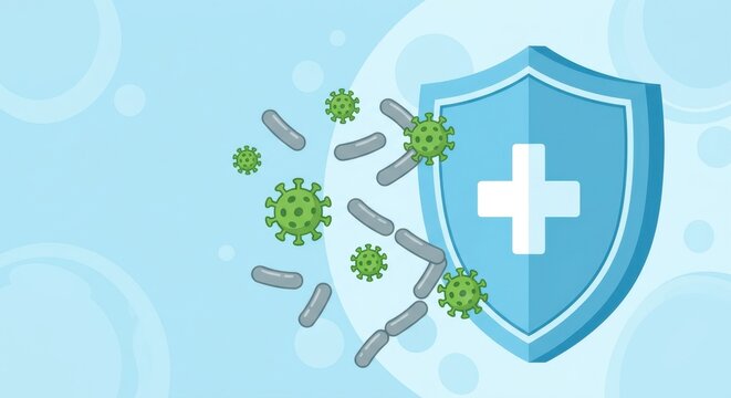 Medical shield with white cross protecting against green virus and grey bacteria cells on light blue background; healthcare immunity defense concept illustration.