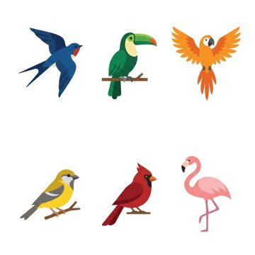 Set of six minimalist flat vector bird icons isolated on white background featuring a blue swallow, green toucan, orange parrot, yellow finch, red cardinal, and pink flamingo.