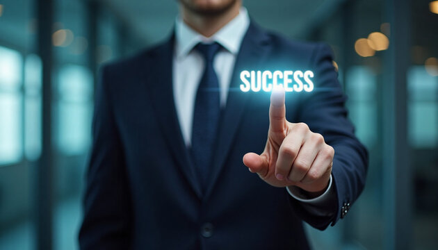 Businessman in suit touching glowing success word hologram on virtual screen in office