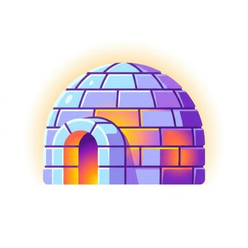 Stylized cartoon igloo illustration featuring purple and blue ice blocks with a warm orange internal glow, isolated on a white background, representing Arctic winter shelter.
