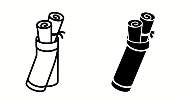 Two rolled scrolls tied together with a ribbon, presented in both outline and silhouette forms.