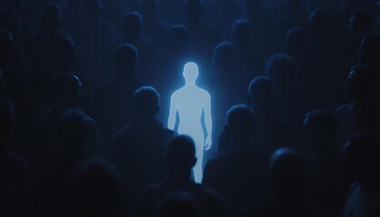Fototapeta premium Illuminated Individual Standing Out in a Dark Silhouetted Crowd, Symbolizing Uniqueness, Leadership, and Distinction