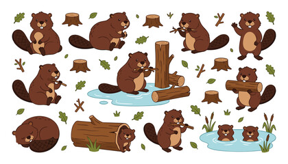 Fototapeta premium Cute Cartoon Beaver Sticker Set with Funny Forest Animal Illustrations Gnawing Logs, Swimming, Sleeping, and Building Dam with Wood Stumps Vector
