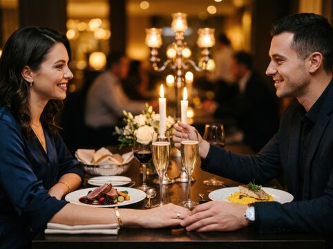Happy couple holding hands during a romantic candlelit dinner at a restaurant, enjoying gourmet food and wine on a special date night